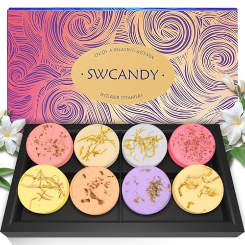 Shower steamers set with eight assorted colorful tablets in a decorative box labeled \“SWCANDY,\“ adorned with floral elements.
