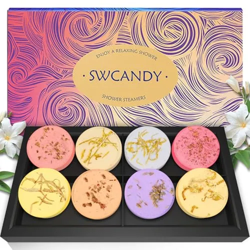 Shower steamers set with eight assorted colorful tablets in a decorative box labeled \“SWCANDY,\“ adorned with floral elements.