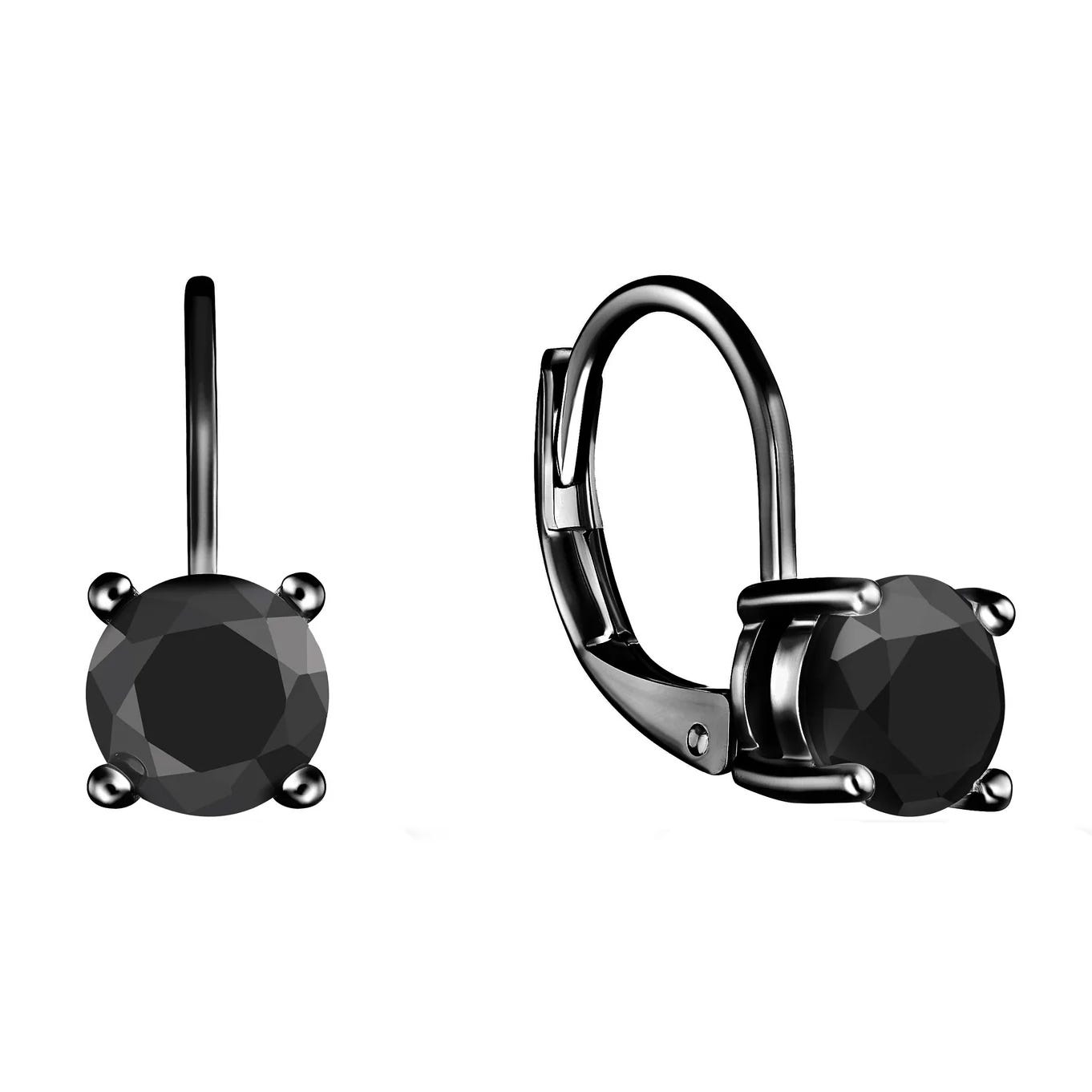 Black stud earrings with round black stones set in a metal prong setting and lever back clasp.