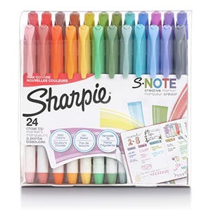 A pack of 24 Sharpie S-Note markers featuring chisel tips and a spectrum of colors ranging from pastels to rich hues. The packaging highlights their versatility for creative applications and note-taking.