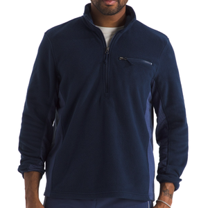 Dark blue fleece pullover with a quarter-zip and a zippered chest pocket.