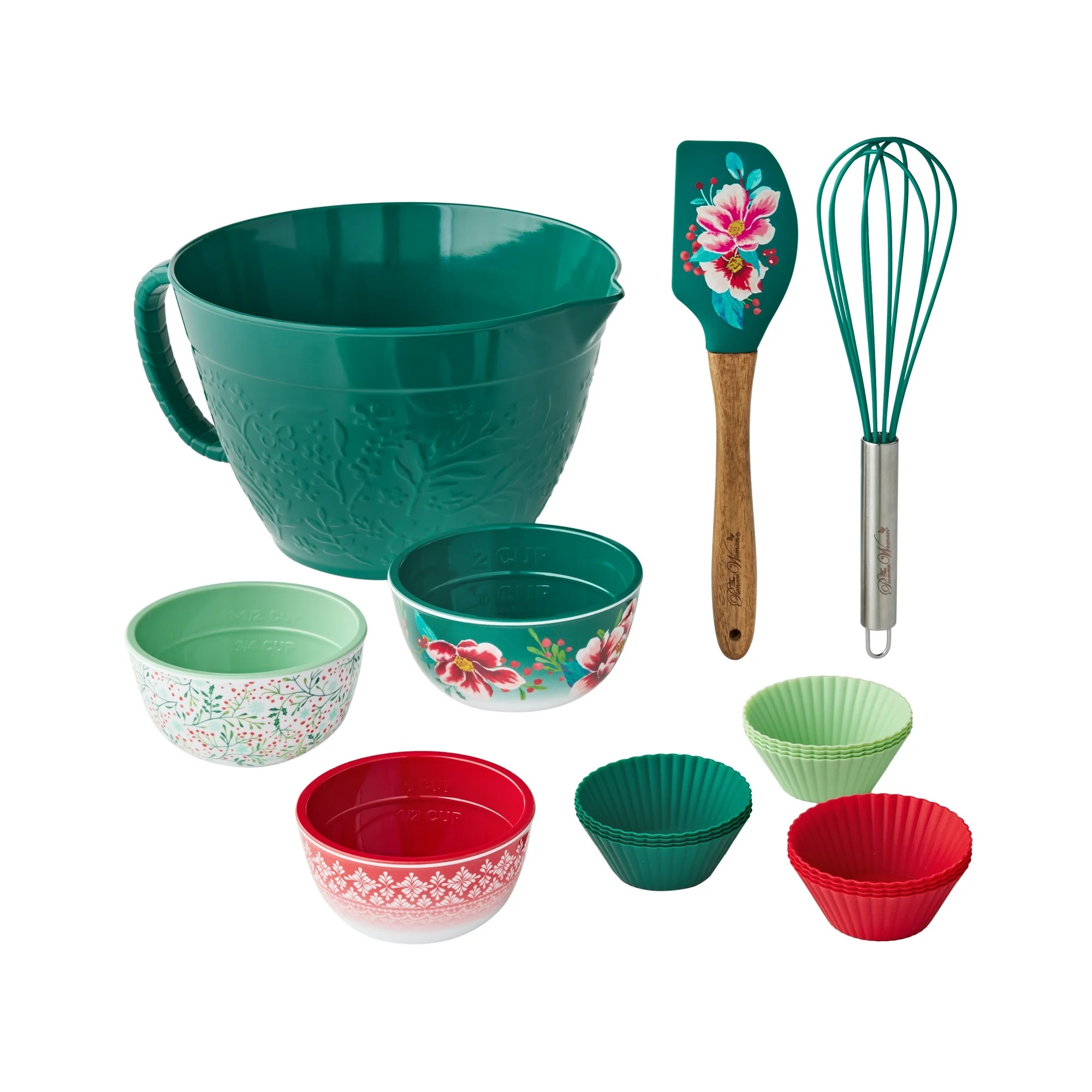 18-piece Pioneer Woman Mixing Bowl Set includes a large green mixing bowl, three measuring bowls with floral designs, a floral-patterned spatula, a green whisk, and four colorful silicone cupcake liners.