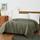 A neatly made bed features an olive green blanket and white pillows, with a wooden headboard. The room includes a wooden side cabinet, a modern floor lamp, a decorative plant, and a circular gray rug on wood flooring.