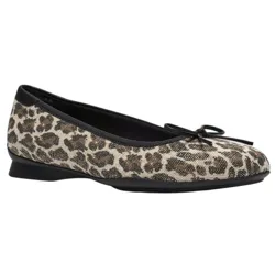A leopard print ballet flat with a small bow and black trim, featuring a slightly raised heel.