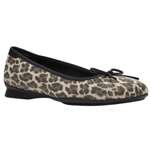 A leopard print ballet flat with a small bow and black trim, featuring a slightly raised heel.