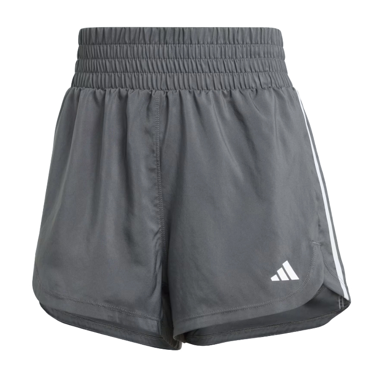 Dark gray athletic shorts with a high elastic waistband, featuring a small white logo on the bottom right leg and a side stripe on each side.