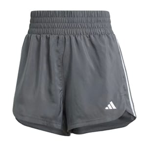 Dark gray athletic shorts with a high elastic waistband, featuring a small white logo on the bottom right leg and a side stripe on each side.