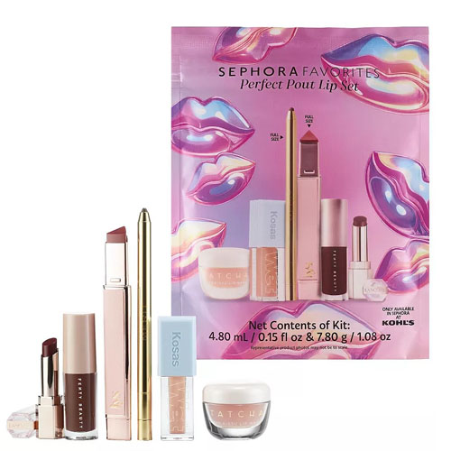 Sephora Favorites Perfect Pout Lip Set includes various lip products: lipstick, lip gloss, lip balm, lip liner, and a jar of lip treatment, in a pink package with lip illustrations.