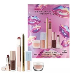 Sephora Favorites Perfect Pout Lip Set includes various lip products: lipstick, lip gloss, lip balm, lip liner, and a jar of lip treatment, in a pink package with lip illustrations.