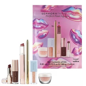 Sephora Favorites Perfect Pout Lip Set includes various lip products: lipstick, lip gloss, lip balm, lip liner, and a jar of lip treatment, in a pink package with lip illustrations.