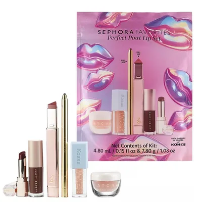 Sephora Favorites Perfect Pout Lip Set includes various lip products: lipstick, lip gloss, lip balm, lip liner, and a jar of lip treatment, in a pink package with lip illustrations.