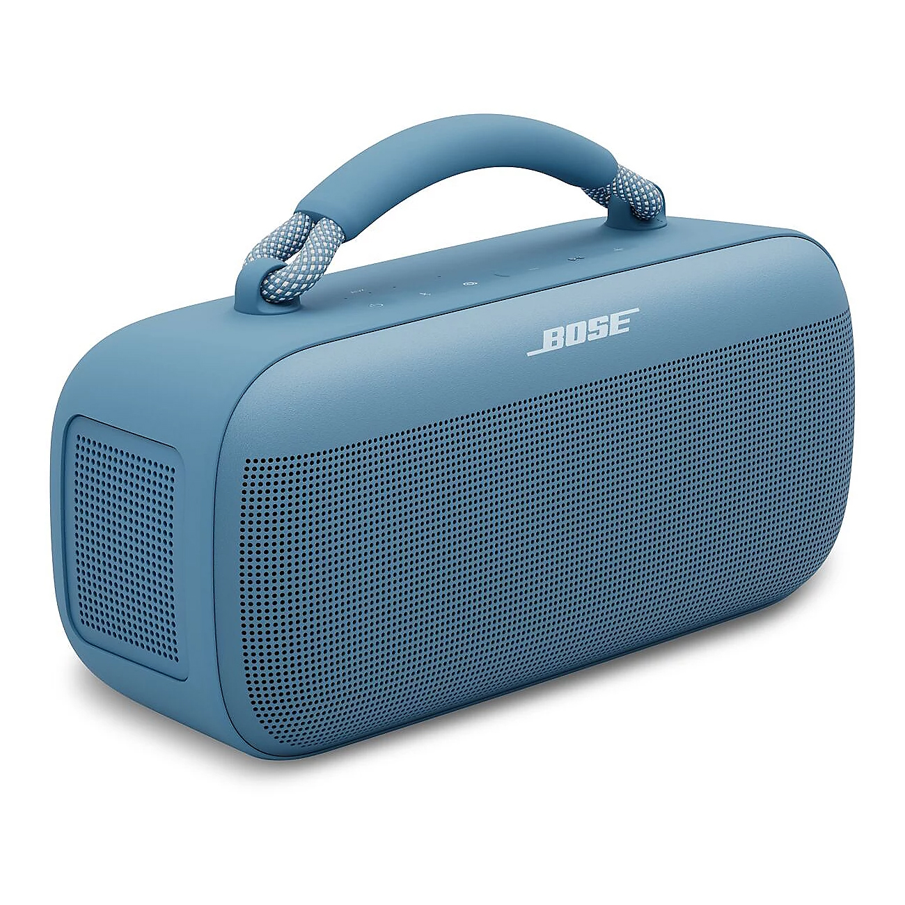 A blue Bose SoundLink Flex Portable Bluetooth Speaker with a sturdy handle, featuring a mesh front grille and the Bose logo.