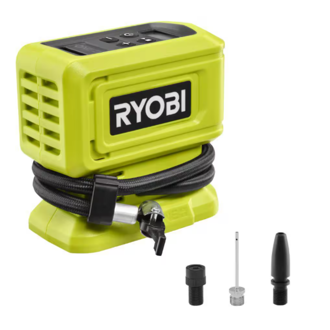 Ryobi portable air compressor in a neon green design with accessories, including a hose and various nozzle attachments.