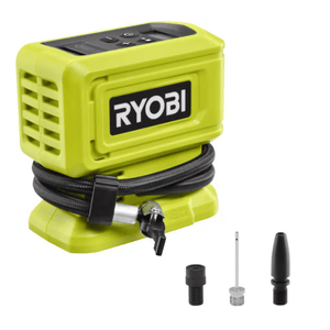 Ryobi portable air compressor in a neon green design with accessories, including a hose and various nozzle attachments.