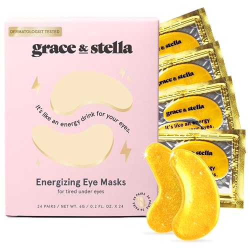 Grace & Stella's Energizing Eye Masks are designed to refresh tired under-eyes, with 24 pairs in golden-yellow sachets against a pink background.