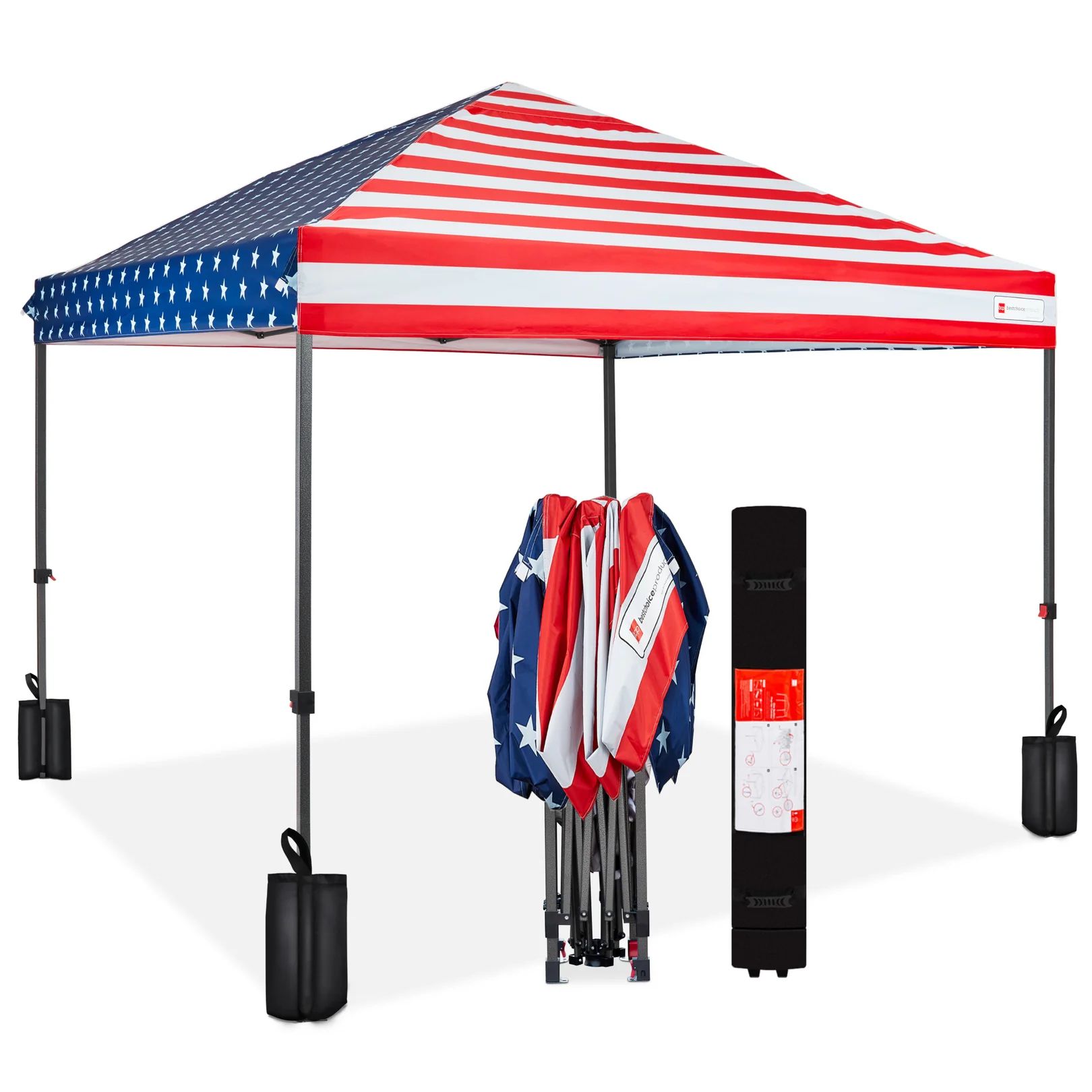 Folding canopy tent with an American flag design, shown fully set up with weights on each leg, and folded next to its carrying case.