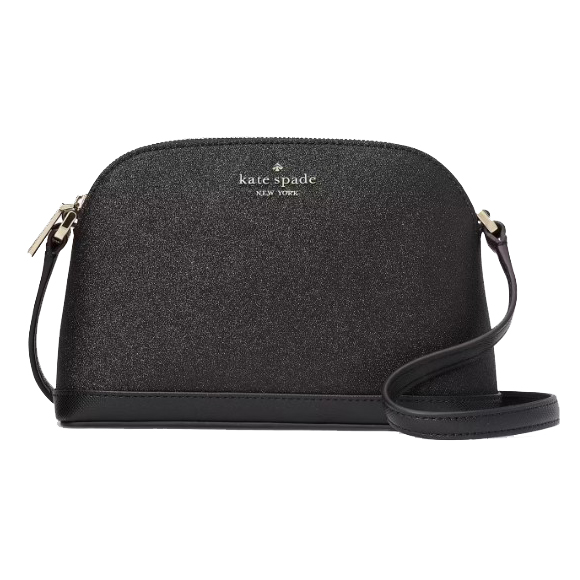 A black Kate Spade crossbody bag with a gold-toned logo and an adjustable strap.