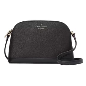 A black Kate Spade crossbody bag with a gold-toned logo and an adjustable strap.