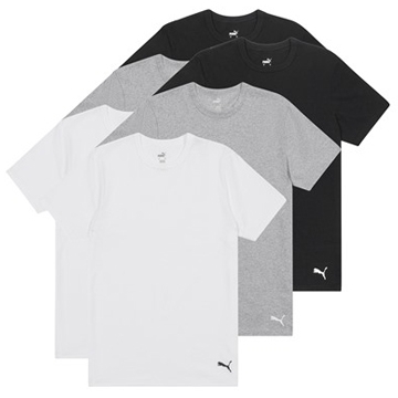 A pack of four Puma T-shirts in black, grey, and white, each with the Puma logo on the lower left corner.