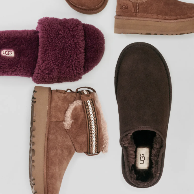 Four different styles of UGG footwear are displayed, varying from slippers to boots.