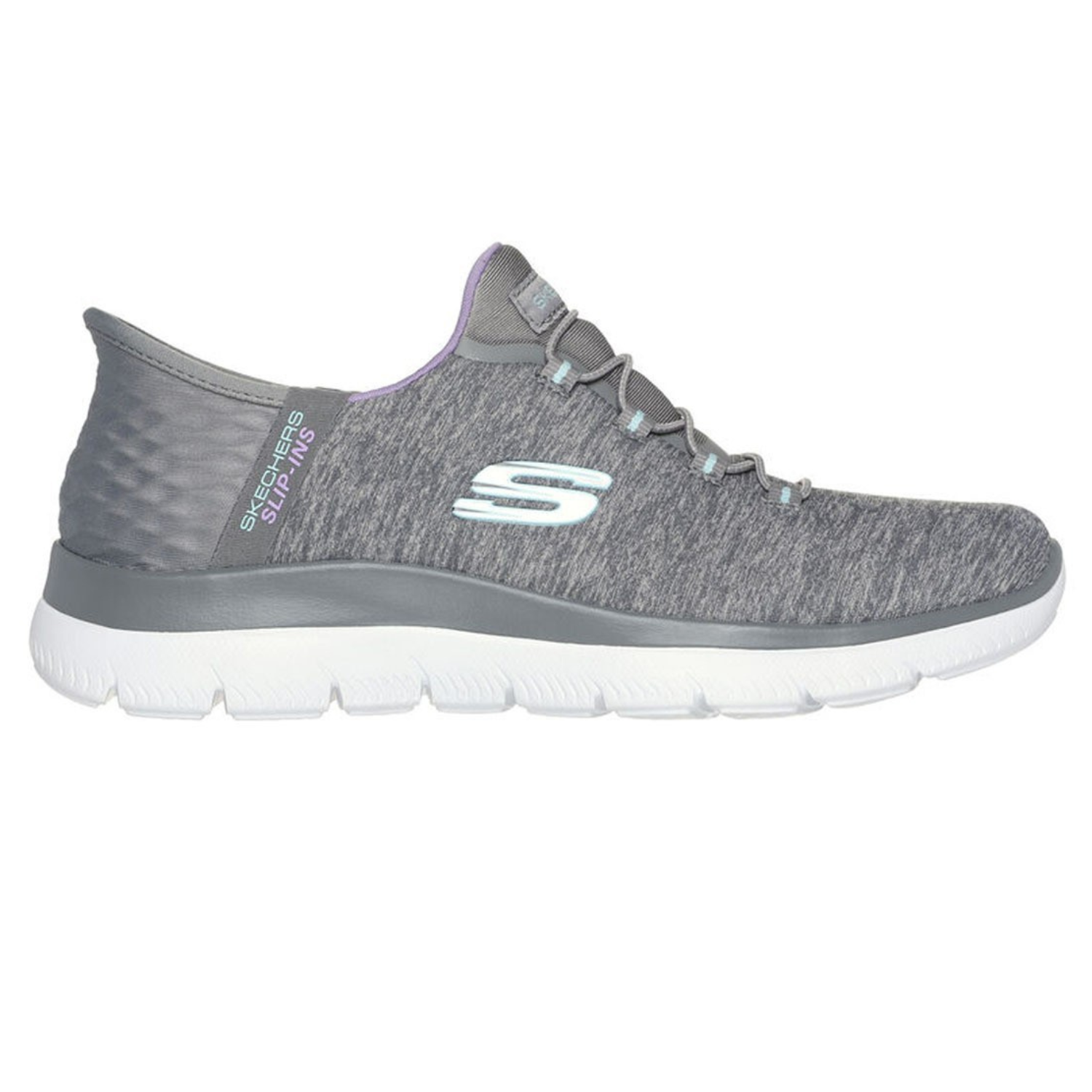 The Skechers Summits Dazzling Haze Shoes feature a gray fabric upper with a slip-on design, white sole, and the Skechers logo on the side. They are comfortable sneakers ideal for casual wear.