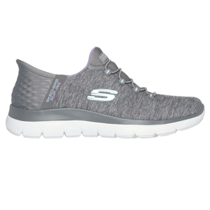 The Skechers Summits Dazzling Haze Shoes feature a gray fabric upper with a slip-on design, white sole, and the Skechers logo on the side. They are comfortable sneakers ideal for casual wear.