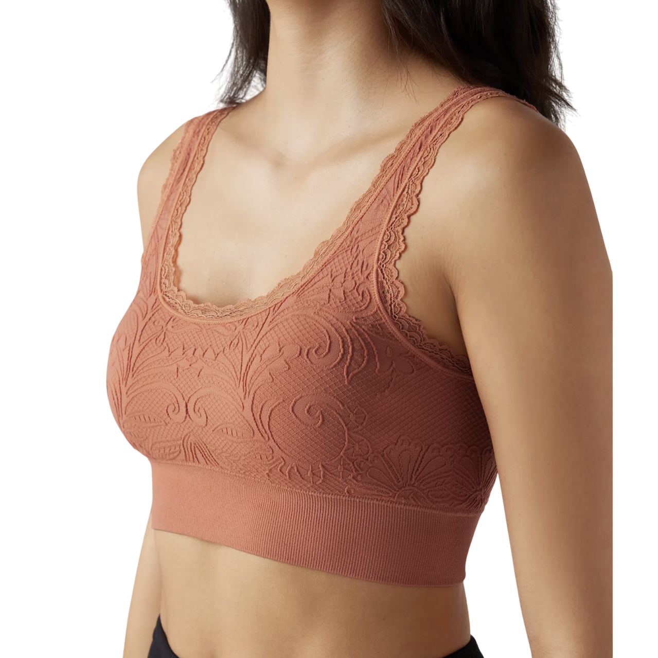 A seamless bralette with lace detailing in a terracotta hue, featuring a wide ribbed underband and intricate floral patterns.