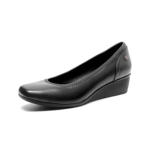 A black leather wedge shoe with a rounded toe and low heel, suitable for casual or professional wear.