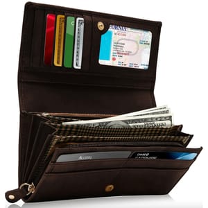 A brown wallet open to display multiple credit card slots, a clear ID pocket, and compartments with paper currency and coins.