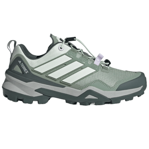 Adidas Terrex Skychaser shoes are outdoor footwear featuring a rugged design with a green and gray color scheme, distinctive stripes, and a durable mesh upper, ideal for trail running or hiking.