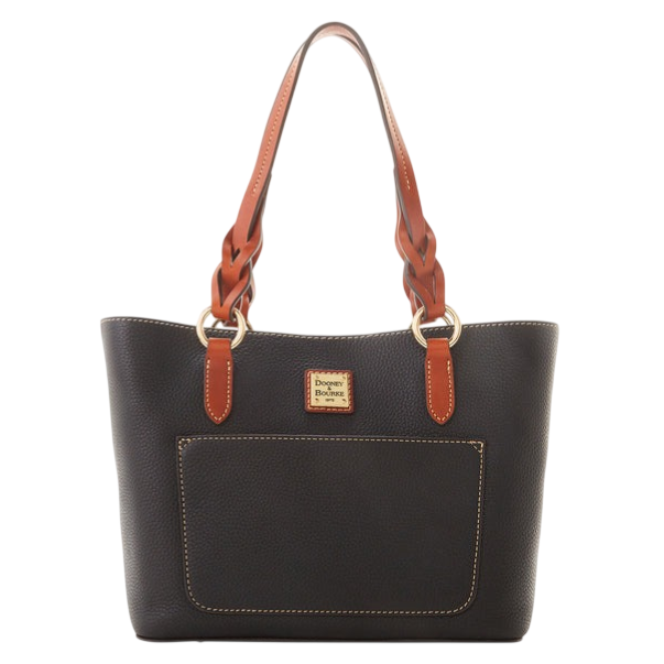 Black leather tote bag with brown braided straps, gold-tone rings, and a front pocket. Features a small rectangular logo plaque.