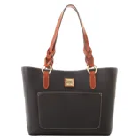 Black leather tote bag with brown braided straps, gold-tone rings, and a front pocket. Features a small rectangular logo plaque.