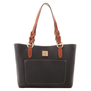 Black leather tote bag with brown braided straps, gold-tone rings, and a front pocket. Features a small rectangular logo plaque.