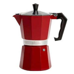 Red, octagonal stovetop espresso maker with a black handle and lid, featuring a silver band that says \“Primula.\“
