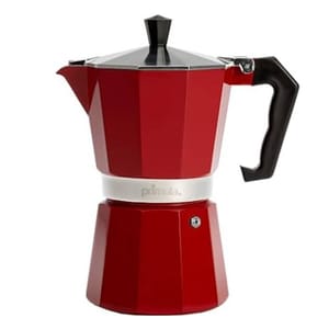 Red, octagonal stovetop espresso maker with a black handle and lid, featuring a silver band that says \“Primula.\“