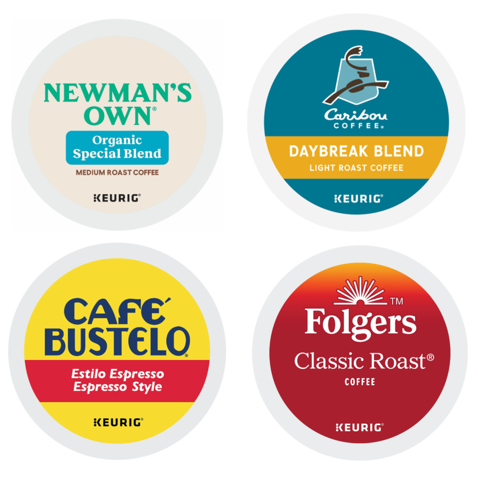 Four Keurig coffee pod labels: Newman's Own Organic Special Blend (Medium Roast), Caribou Coffee Daybreak Blend (Light Roast), Café Bustelo Estilo Espresso (Espresso Style), and Folgers Classic Roast.
