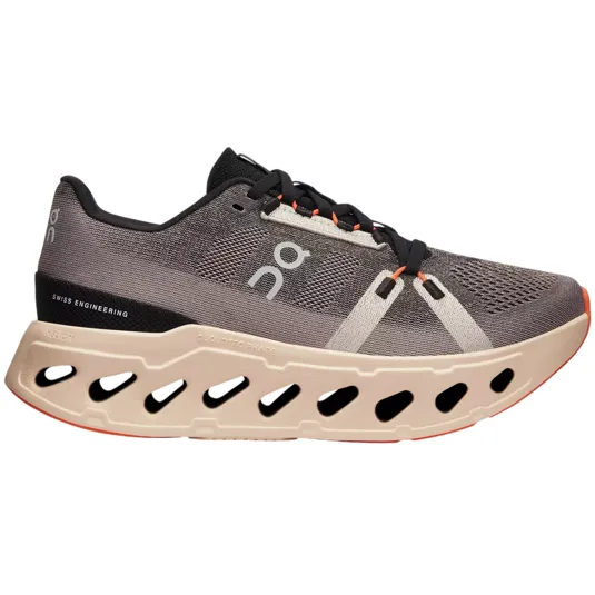 Running shoe with distinctive cut-out sole, featuring mesh upper and labeled as \“Swiss Engineering\“ with \“CloudTec Phase\“ technology.