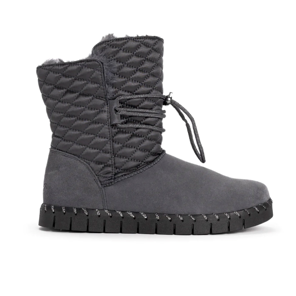 Quilted upper boot with a round toe, adjustable lace-up detail, and a treaded outsole for grip.