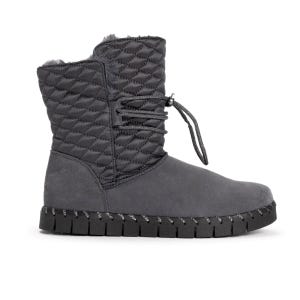 Quilted upper boot with a round toe, adjustable lace-up detail, and a treaded outsole for grip.