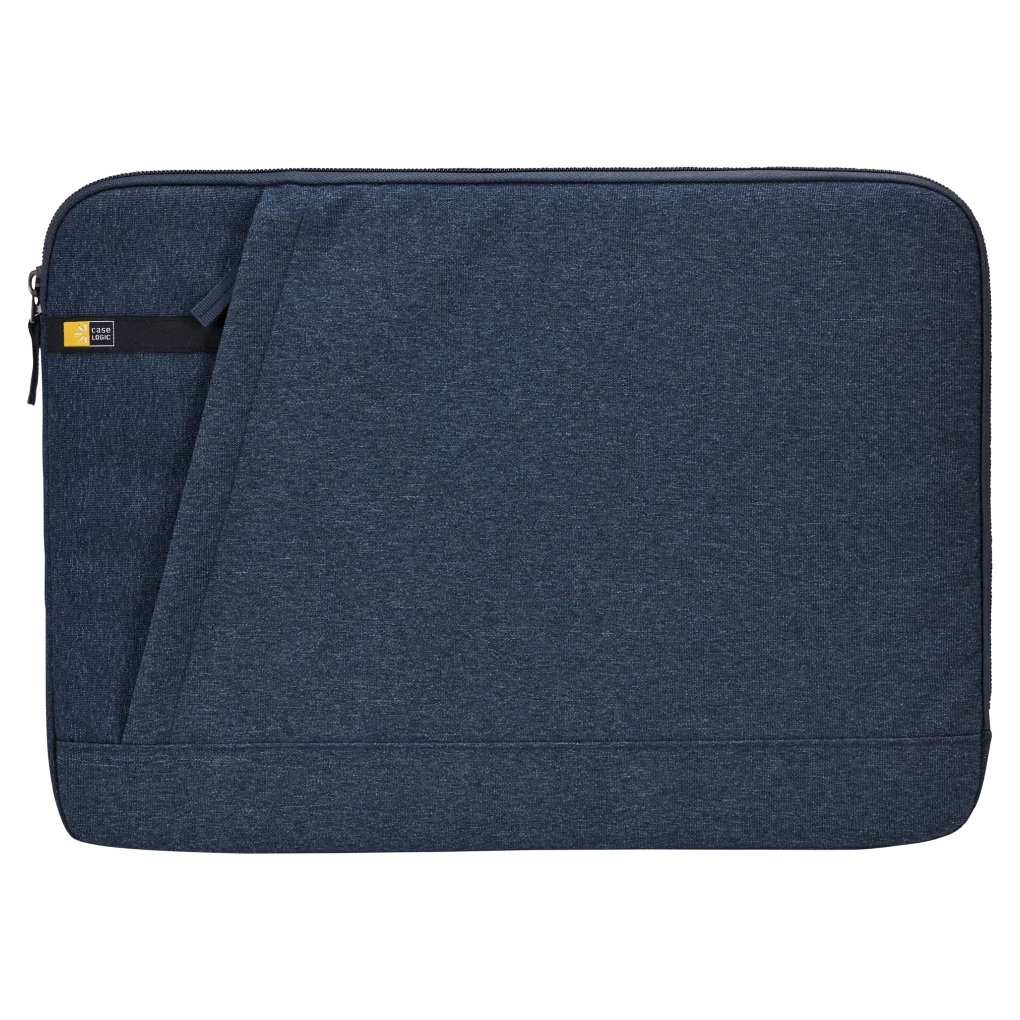 Blue laptop sleeve with a textured fabric design, featuring a zip closure and small front pocket.
