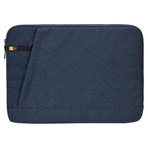 Blue laptop sleeve with a textured fabric design, featuring a zip closure and small front pocket.