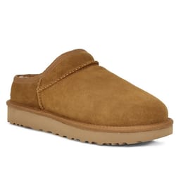 A single tan suede slip-on shoe with a rubber sole.
