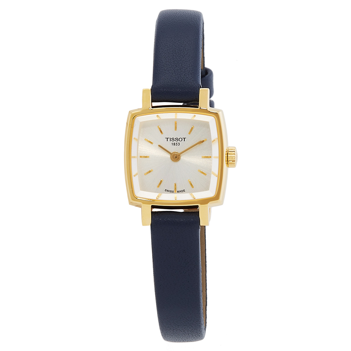 Tissot Women's Square Quartz Watch: features a gold-tone square case, minimalist dial with gold markers, blue leather strap. Swiss-made for precision and elegance.
