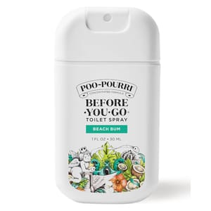 Poo-Pourri Beach Bum Travel Spray is a 1 fl oz (30 ml) toilet spray designed for use before going to mask odors. The bottle features colorful tropical illustrations with angels and beach-themed elements.