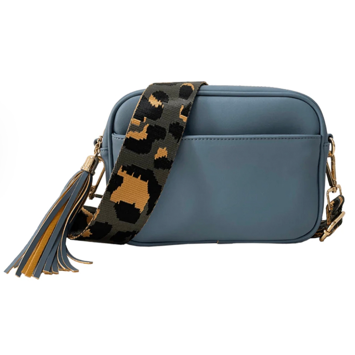 A blue crossbody bag with a leopard-print strap and gold hardware, featuring a decorative tassel.
