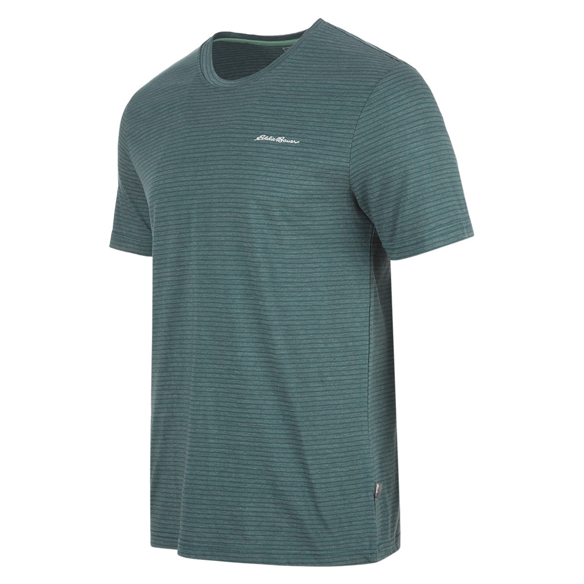 A teal, short-sleeved Eddie Bauer tee with a subtle horizontal stripe pattern and a small logo on the chest.