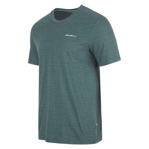 A teal, short-sleeved Eddie Bauer tee with a subtle horizontal stripe pattern and a small logo on the chest.