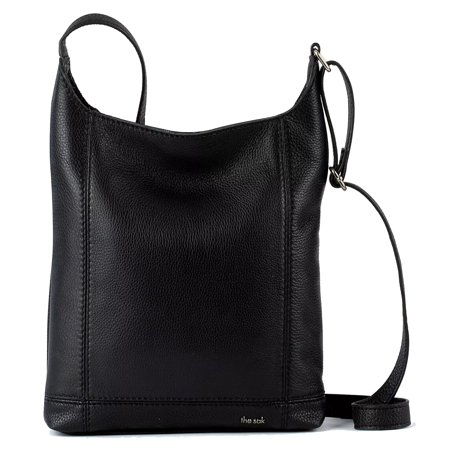 A black leather crossbody bag with a textured finish, featuring an adjustable strap and embossed with \“the sak\“ branding.