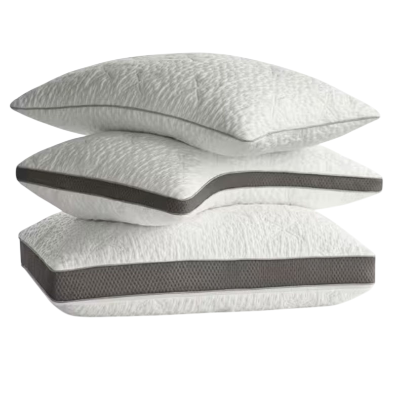 A stack of three white pillows with dark gray trim, each featuring a textured pattern on the fabric.