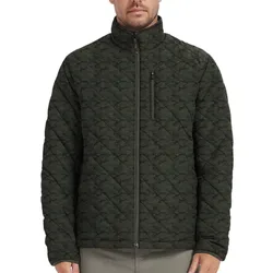 Men's quilted jacket with a camo pattern and a high collar, featuring a full zip front and a zippered chest pocket.